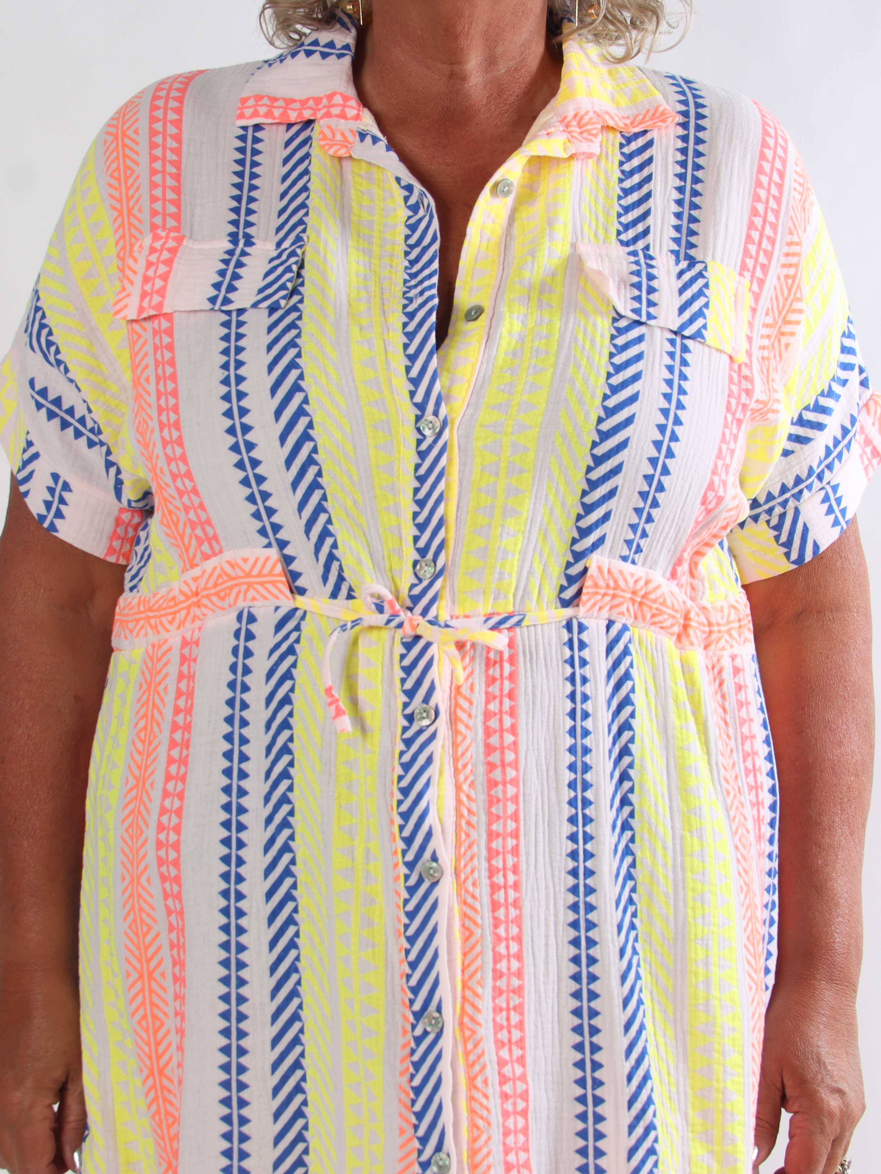 Aleftine - Plus size skjortekjole i bomuld med neonstriber